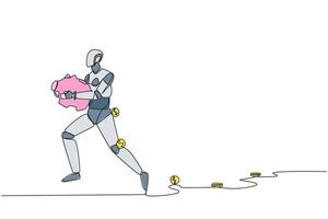 Single one line drawing a robot running while carrying a piggy bank with coins scattered around. Helps maintain profits. Artificial intelligence technology. Continuous line design graphic illustration vector