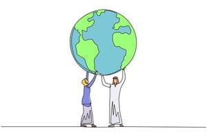 Single continuous line drawing Arab man and Arab woman hold up globe together with both hands. Teamwork makes missions easier. Protect the earth. Save the planet. One line design illustration vector