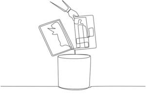 Continuous one line drawing businessman's hand throwing away a laptop with a cracked screen. The latest technology that cannot be utilized. Useless. Broken. Single line draw design illustration vector