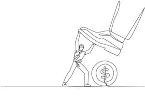 Continuous one line drawing businessman holds back a giant foot wants to step on large coin with dollar symbol. Resist vandals who want to thwart business. Single line draw design illustration vector