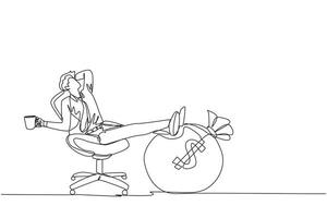Continuous one line drawing businessman sitting relaxed in a work chair while holding a mug. Foot resting on money bag. Enjoy the results of hard work. Single line draw design illustration vector