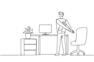 Single continuous line drawing man stands with his hands behind his back. A simple stretch before working overtime on the weekend. Lots of deadlines. Relaxes mind. One line design illustration vector
