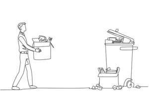 Continuous one line drawing businessman carrying cardboard box full of piles of paper to trash. Throw away unnecessary things. Focus on increasing profits. Single line draw design illustration vector