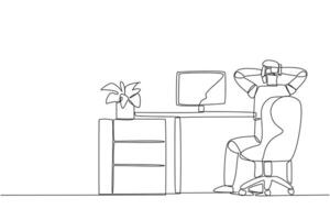 Single one line drawing robot sitting in chair with his hands holding the back of head. Take a break. Monitor test results. Reading the bug. Future tech AI. Continuous line design graphic illustration vector