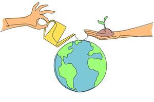 Single one line drawing one hand holds a plant seed while the other waters the globe. Awareness of keeping the earth green starts from oneself. Environment. Continuous line design graphic illustration vector