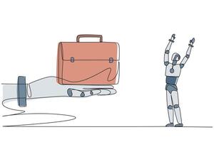 Single continuous line drawing a robot excited to get the briefcase from giant hand. Marketing robots. Introducing technology everywhere. Business trip. Technology. One line design illustration vector