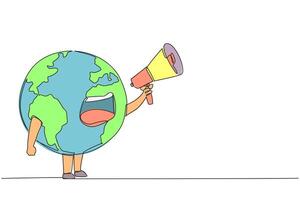Continuous one line drawing globe holds and places the megaphone in front of his mouth. Care more about the earth. Protect the earth. Saving the planet. Single line draw design illustration vector