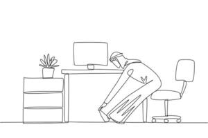 Continuous one line drawing Arab man sits in work chair with legs straightened, hands hold legs. Stretching. Avoid minor injuries due to sitting too long. Single line draw design illustration vector