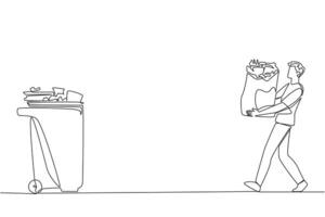 Single one line drawing a young man walked carrying a trash bag in both hands towards the trash can. A campaign for environmental advertising. Lifestyle. Continuous line design graphic illustration vector