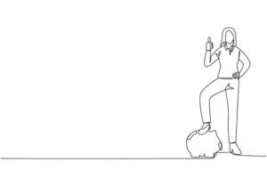 Single one line drawing businesswoman stands with thumbs up pose and steps on piggy bank with one of foot. Successful. Investment value increases rapidly. Continuous line design graphic illustration vector
