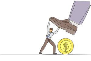 Continuous one line drawing businessman holds back a giant foot wants to step on large coin with dollar symbol. Resist vandals who want to thwart business. Single line draw design illustration vector