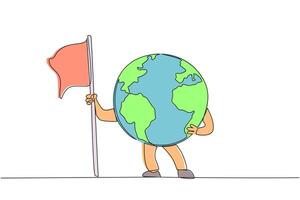 Single one line drawing globe holding a fluttering flag. Wind blow slowly. Fresh air. Some of the characteristics of the earth are still in good condition. Continuous line design graphic illustration vector