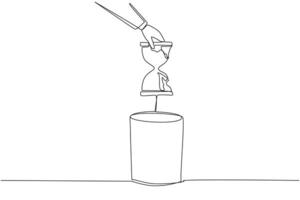 Continuous one line drawing businessman's hand throwing away a broken hourglass. There is no countdown deadline. No reminders. But still have to be responsible. Single line design illustration vector
