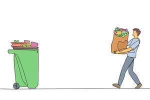 Single one line drawing a young man walked carrying a trash bag in both hands towards the trash can. A campaign for environmental advertising. Lifestyle. Continuous line design graphic illustration vector
