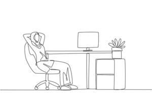 Continuous one line drawing relaxed Arabian woman sitting in a work chair with her hands behind her head. Relax after completing a lot of work. Stretching. Single line draw design illustration vector
