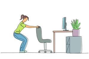 Single continuous line drawing woman stands with a slight bend and both hands hold the top of chair. Practice balance even though still have to work. Overtime. One line design illustration vector
