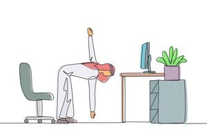 Single continuous line drawing Arab man stands with one hand raised the other hand holding tip of leg. Stretching. Take advantage of free time for light exercise. One line design illustration vector