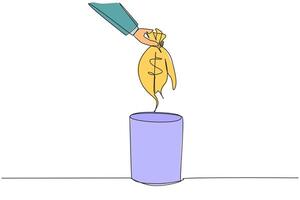 Continuous one line drawing businessman's hand throwing away torn money bag. Useless thing. Cannot be used to carry money. More expenses than income. Single line draw design illustration vector