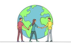Single one line drawing a group of men and woman standing arm in arm around a globe. Nature lovers community. Preserving environment remains green. Protect. Continuous line design graphic illustration vector