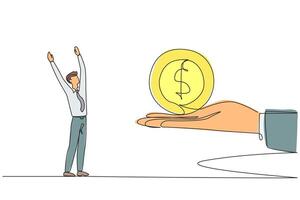 Continuous one line drawing the businessman is excited to get a dollar symbol coin from a giant hand. The most important gift. Can be used for urgent needs. Single line draw design illustration vector