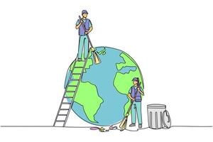 Single continuous line drawing trash man climbs ladder to sweep top of the globe. His partner cleaned at bottom and around globe. Working together for the earth. One line design illustration vector