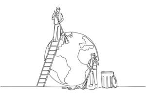 Single continuous line drawing trash man climbs ladder to sweep top of the globe. His partner cleaned at bottom and around globe. Working together for the earth. One line design illustration vector