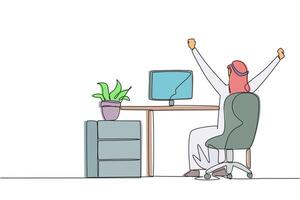 Single one line drawing Arab man sit on chair opening and raising hands. Stretch the body. Raise the hands as high as possible. Makes the body more relaxed. Continuous line design graphic illustration vector