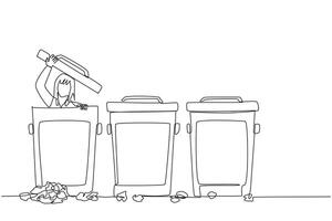 Single continuous line drawing businesswoman peeking out of trash can, there were lots of wads of paper. Bankrupt. Shame on colleagues. Don't want to be found. One line design illustration vector