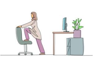 Continuous one line drawing Arab woman stands while lifting one of her legs onto a chair. Stretching. Avoid leg cramps. Exercise at the office. Overtime. Single line draw design illustration vector