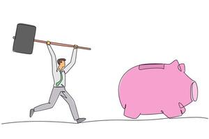Single continuous line drawing businessman holding a big hammer chasing big running piggy bank. Looking for a solution. Lack of money. Disburse the value of shares. One line design illustration vector