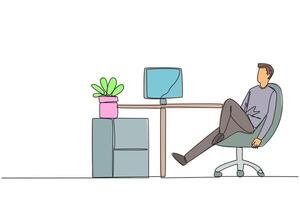 Continuous one line drawing man sits in work chair with one of legs raised and folded. Work overtime on weekends. Pay attention to stagnant projects. Relax. Single line draw design illustration vector