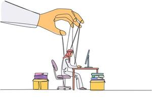 Continuous one line drawing Arab businessman typing on laptop, hand moved by ropes. Puppeteer arranges the puppets. Working behind the scenes. Obedience. Single line draw design illustration vector