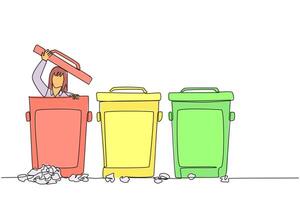 Single continuous line drawing businesswoman peeking out of trash can, there were lots of wads of paper. Bankrupt. Shame on colleagues. Don't want to be found. One line design illustration vector
