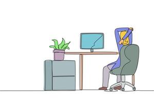 Continuous one line drawing Arab woman sitting in a work chair warming up hands above her head. Stretch watching streaming . Stay active even if busy. Single line draw design illustration vector