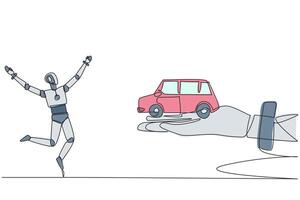 Single continuous line drawing a robot excited to get miniature car from giant hand. Duplicating artificial intelligence. Car technology in the future. Development. One line design illustration vector