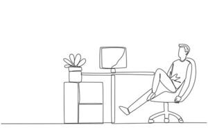 Continuous one line drawing man sits in work chair with one of legs raised and folded. Work overtime on weekends. Pay attention to stagnant projects. Relax. Single line draw design illustration vector