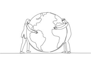 Continuous one line drawing Arabian man and Arabian woman standing hugging earth. Care about protecting the environment. Do not carry out illegal logging. Single line draw design illustration vector