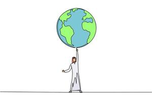 Single one line drawing Arabian man standing lifting globe with one hand. In a healthy soul there is a strong body. No pollution. Green the earth. Protect. Continuous line design graphic illustration vector