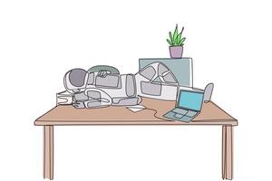 Single continuous line drawing astronaut fell asleep on table with pillow from a pile of papers. Fatigue. Preparing for expedition takes a lot of energy and time. One line design illustration vector