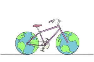 Continuous one line drawing a bicycle with two globes replacing the tires. The concept of a vehicle that is friendly to the earth. Free from pollution. Single line draw design illustration vector