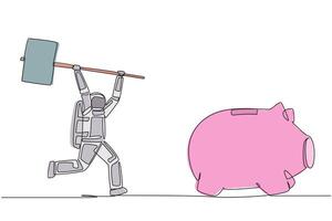 Continuous one line drawing astronaut holding a big hammer chasing big running piggy bank. Serious financial problems. Need additional funds. Cosmonaut. Single line draw design illustration vector