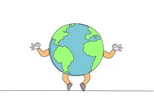 Single one line drawing globe doing yoga movements. The calm of the earth keeps life longer. One day without pollution, gives freshness to the earth. Save. Continuous line design graphic illustration vector