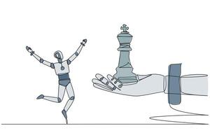 Continuous one line drawing a robot excited to get king's chess piece from giant hand. Get the best support system to become a reliable robot. Future tech. Single line draw design illustration vector