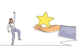 Continuous one line drawing businesswoman was happy to get a star from giant hand. Always get good grades. Employee of the month. Hard and smart work. Single line draw design illustration vector