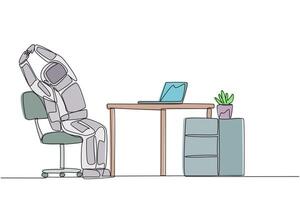 Single continuous line drawing astronaut sitting in work chair while raising both hands. Stretching. Squirming. Space expedition report is ready to be completed. One line design illustration vector