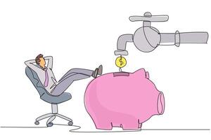 Single continuous line drawing businessman sit relax on chair to see money faucet flow into savings piggy bank. Passive income. Guarantee of always making a profit. One line design illustration vector