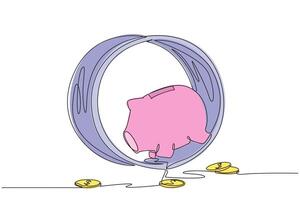 Single continuous line drawing piggy bank runs on the running wheel. The coins are scattered. Repetitive routine. Spending a lot of money. No calculations. Debt. One line design illustration vector