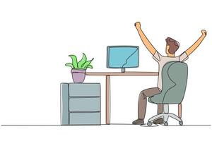 Continuous one line drawing the man sit on chair opening and raising his hands. Seen from behind. Monitoring the work progress. Stretch while overtime. Single line draw design illustration vector