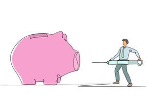 Single continuous line drawing businessman holding a big syringe and wants to inject it into a big piggy bank. Investor inject additional funds. Avoid bankruptcy. One line design illustration vector