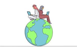 Single continuous line drawing Arabian man and Arabian woman sitting on globe typing on a laptop. Make a schedule for reforesting the earth. World environment day. One line design illustration vector